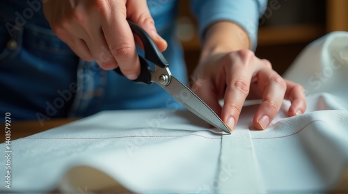 Close-up of hands cutting fabric with scissors in sewing workshop.