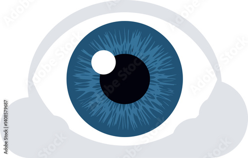 Large blue eye illustration featuring intricate details in a minimal style with soft cloud elements, vector art