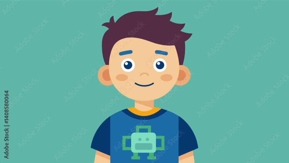 A young child proudly wearing a team shirt with their robots name emblazoned on it.. Vector illustration