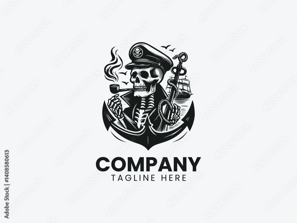 Fototapeta premium Grim Skeleton Sailor Captain Hat Anchor Pipe Vector Logo Design