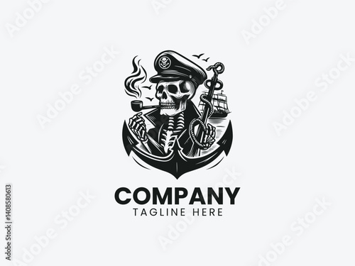 Grim Skeleton Sailor Captain Hat Anchor Pipe Vector Logo Design