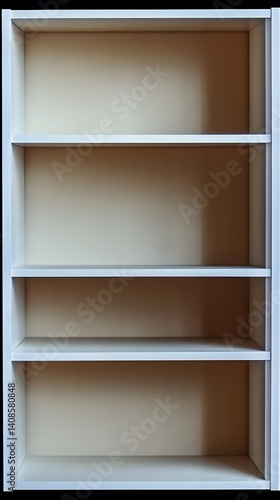 Empty White Bookcase Shelves  Four Tier Storage Unit  Modern Design