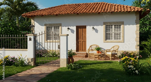Typical Brazilian suburban home with white facade, iron gate, green garden, and front patio with potted plants, representing traditional Latin American residential architecture and lifestyle