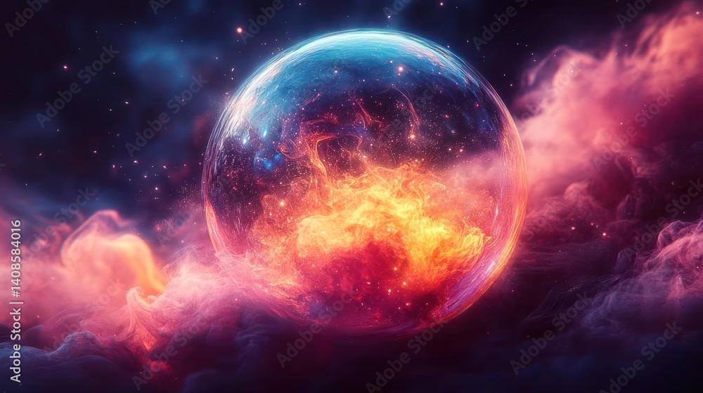 Enigmatic sphere of light and fire in a nebula of smoke and stars Enigmatic sphere of light and fire in a nebula of smoke and stars