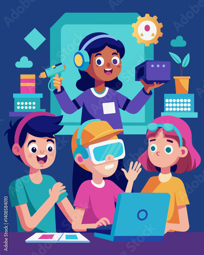 A group of kids participate in a virtual reality hackathon competing to create the most innovative and functional computer program.. Vector illustration