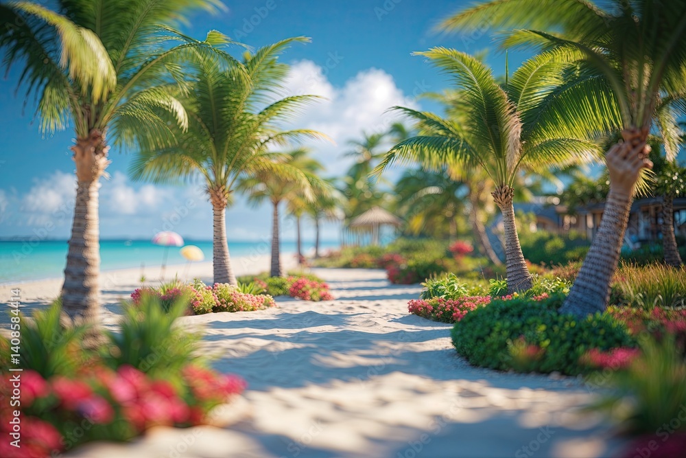 Fototapeta premium Lush Beachside Garden with Palm Trees and Blurred Scenic Background