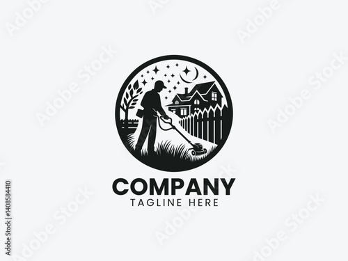 Gardener Silhouette Cutting Grass Residential Area Vector Logo Design
