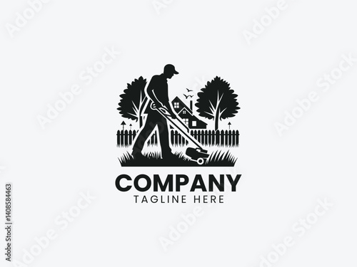 Gardener Silhouette Cutting Grass Residential Area Vector Logo Design