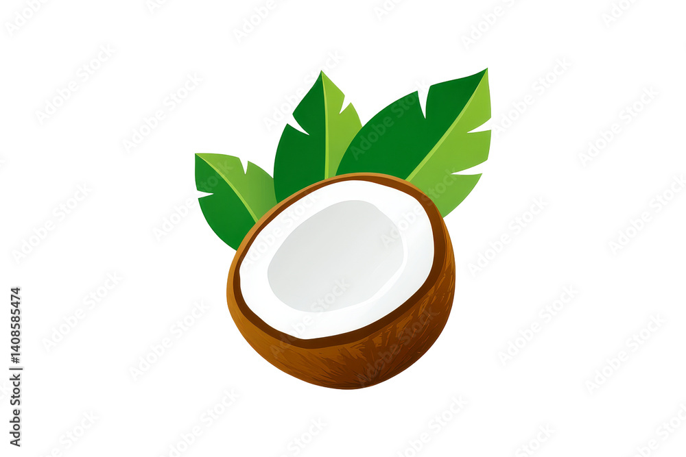 Simple Flat Logo of Coconut with Green Leaves Design