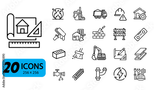 Set of 20 Construction Icons, Outline Style, 256x256 Pixels