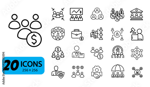 Set of 20 Stakeholder Icons, Outline Style, 256x256 Pixels