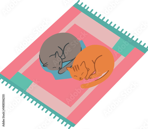 Two adorable cats sleeping peacefully on a colorful woven rug in flat vector art