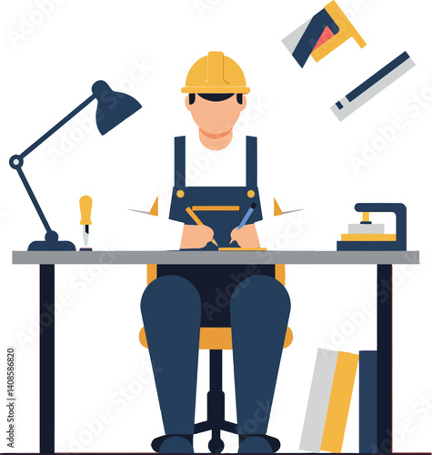 Construction worker drafting plans at a desk in flat vector art style