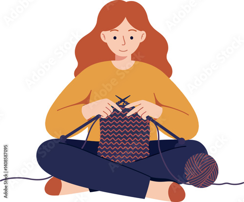 Woman sitting cross-legged knitting a colorful scarf in a flat vector illustration