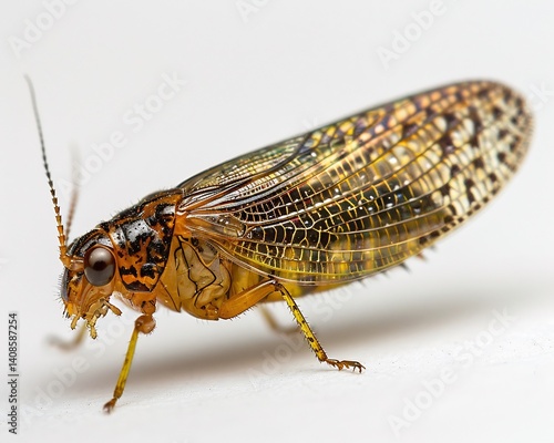 Psyllid jumping tiny body mid air strong hind legs fully stretched fine textures visible white background