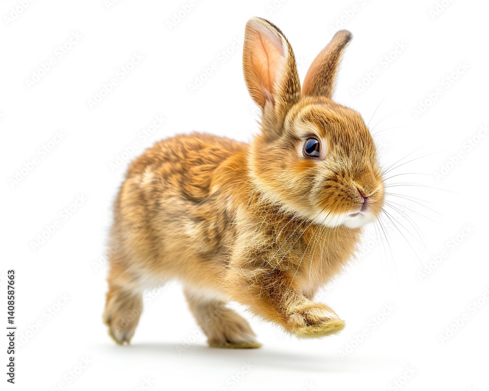 Rabbit hopping forward soft fur detailed ears slightly bent back little paws mid air isolated a white background Rabbit hopping forward soft fur detailed ears slightly bent back little paws mid air isolated a white background