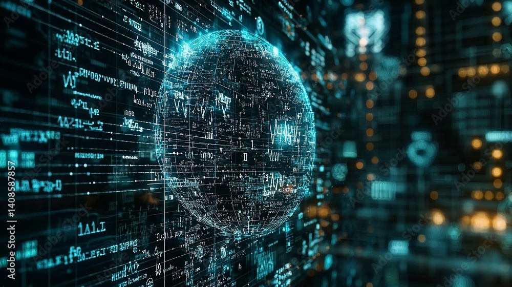 Obraz premium Global network data visualization; glowing sphere amidst digital code