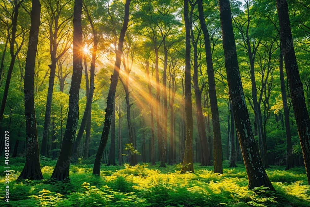 Obraz premium Lush Forest with Towering Trees and Sunlight Streaming Through