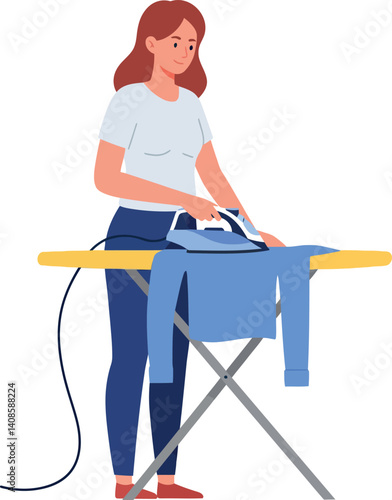 Woman standing at an ironing board using a steam iron in minimal vector art