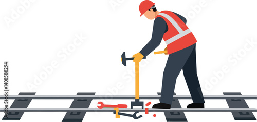 Worker adjusting railway tracks with tools in a flat, minimal vector illustration