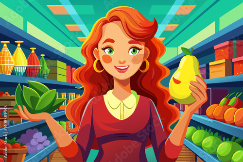 vector of Beautiful red-haired woman holding a pear and smiling in a grocery store
