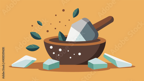 As the metate stones turn creating a satisfying grinding sound an artisan adds a touch of sugar and a pinch of sea salt to balance the flavors of the chocolate.. Vector illustration