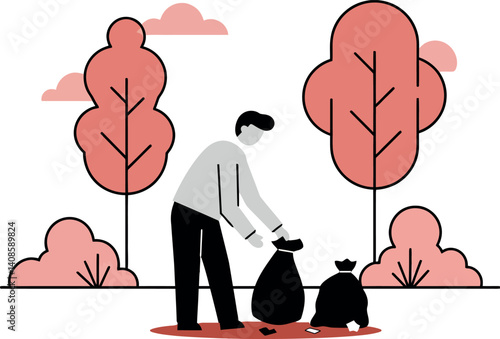 Person collecting trash in a park surrounded by trees in a minimal vector illustration