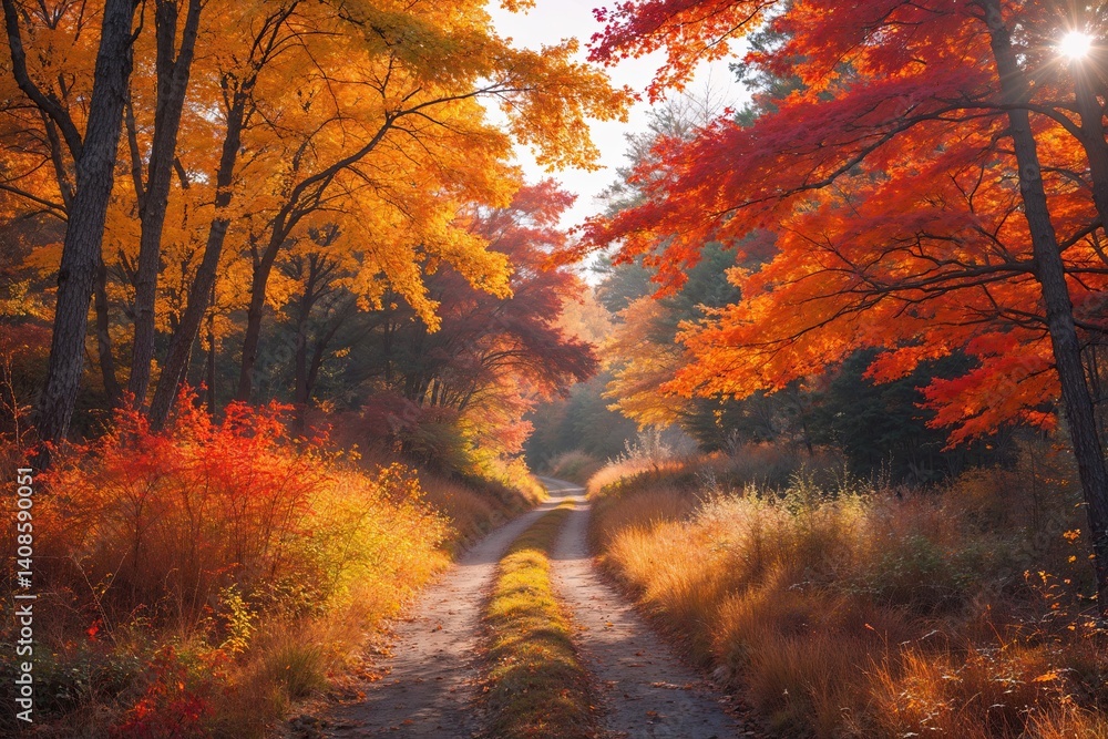 Fototapeta premium Tranquil Autumn Trail Bathed in Sunlight with Brilliant Fall Foliage