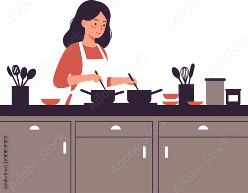 Woman in apron cooking in a cozy kitchen with various utensils in flat vector art