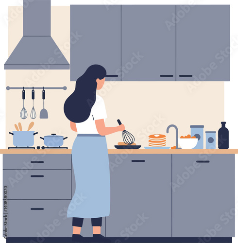 Woman cooking in a modern kitchen with minimalist design and bright colors in vector art