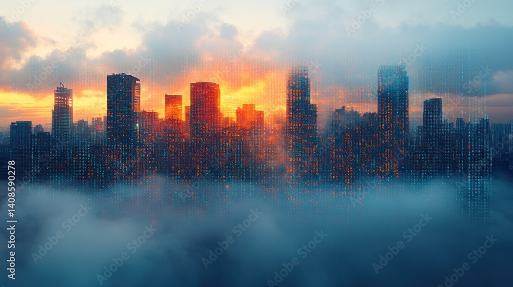 Fototapeta premium Cityscape at Dawn: A Digital Metropolis Emerging from the Mist