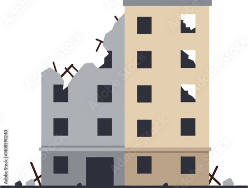 Damaged buildings with crumbled walls and broken windows in minimal vector art