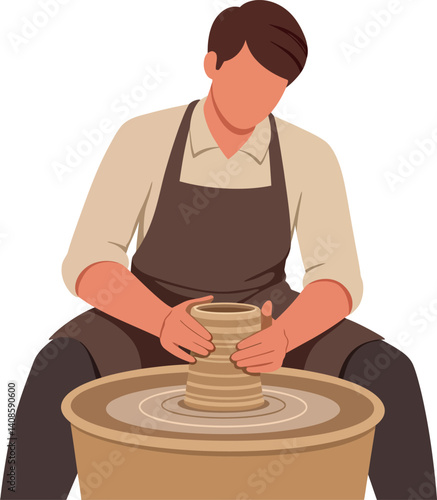A focused potter shaping clay on a wheel in a minimalistic style vector illustration