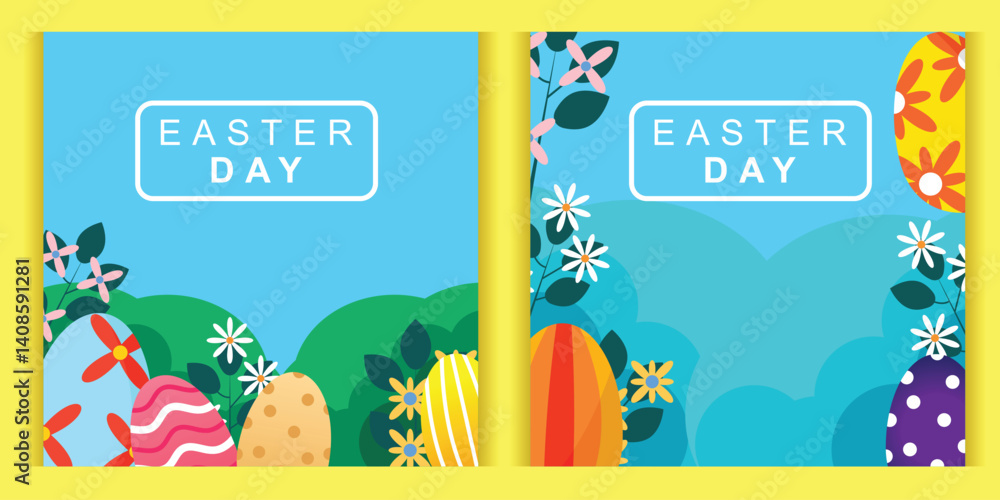 Happy Easter greeting card set. Cute spring background with eggs, flowers and spring. Colorful flat vector template for social media posts, online ads, flyers, invitations, posters, postcards Happy Easter greeting card set. Cute spring background with eggs, flowers and spring. Colorful flat vector template for social media posts, online ads, flyers, invitations, posters, postcards