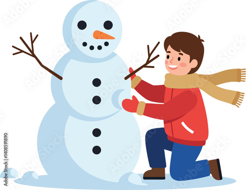 Cheerful boy in red jacket building a snowman in a flat vector illustration