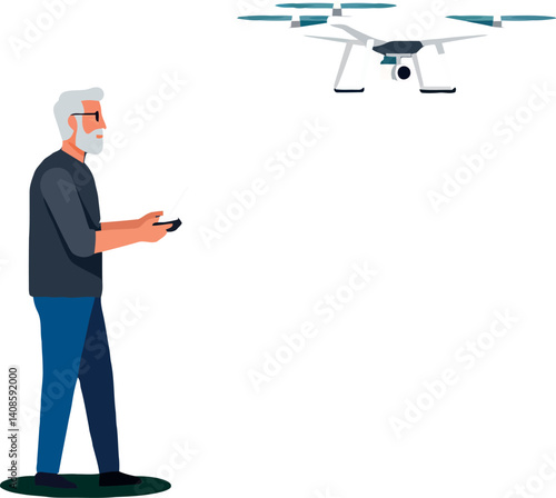Elderly man operating a drone with focused expression in flat vector art