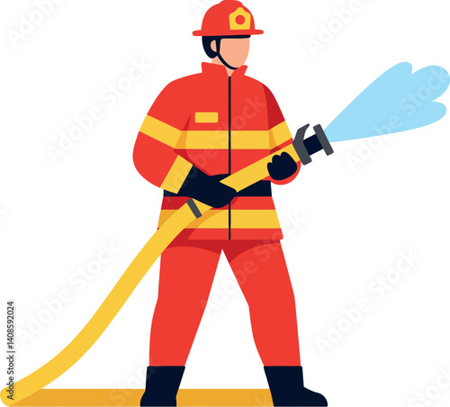 Firefighter in bright red uniform spraying water, minimal style vector illustration