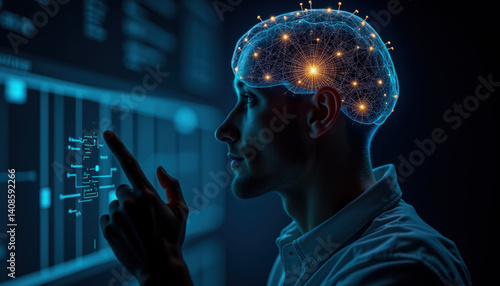 Obraz na płótnie Visuals of brain-computer interfaces showing neural connectivity with digital devices. Represents AI, neuroscience, and human-machine integration. w salonie
