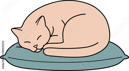 A sleeping cat curled up peacefully on a soft pillow in minimal vector art