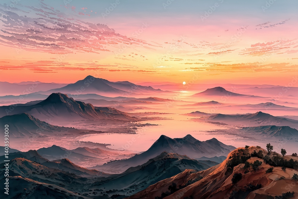 Fototapeta premium Vibrant sunset over mountains with a colorful sky and serene landscape.