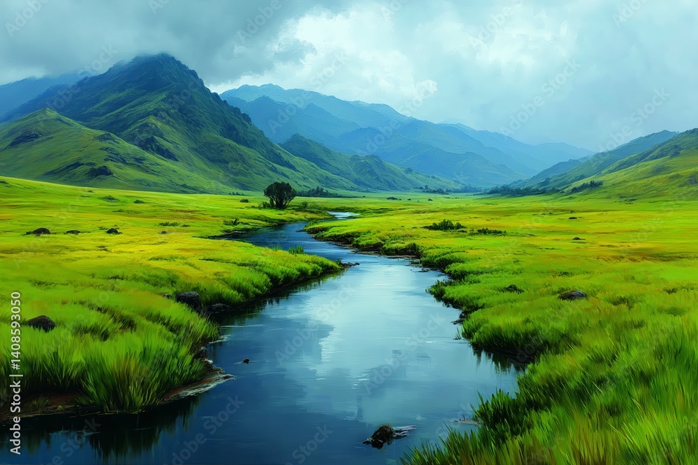 Obraz premium Serene landscape with a winding river and lush green fields.