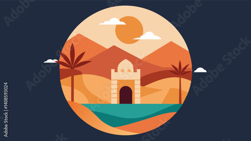 Striking a perfect balance between modernity and tradition the eVTOLs coexist harmoniously with the timeless beauty of the desert oasis.. Vector illustration