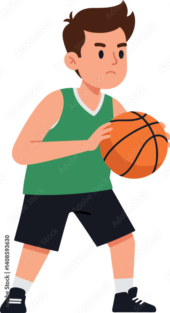 Young basketball player in green jersey preparing to dribble ball in flat vector art Young basketball player in green jersey preparing to dribble ball in flat vector art
