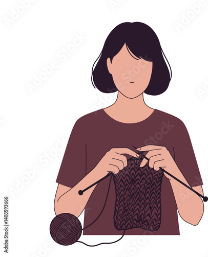 Woman knitting a cozy scarf in a minimal flat design vector art