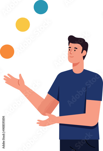 A man juggling colorful balls in a flat design style showcasing skill and focus in vector art