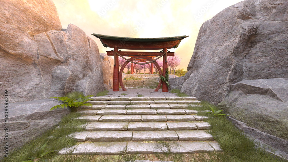 Obraz premium 岩山の寺院 3DCGレンダリング
