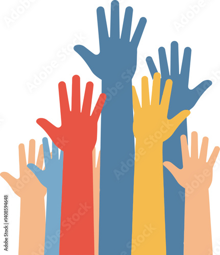 Colorful hands raised together in unity showcasing diverse support in flat vector art