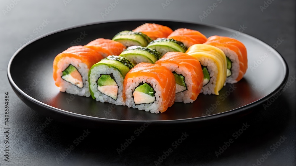 Delicious sushi rolls on a black plate, featuring vibrant colors and fresh ingredients, perfect for culinary lovers and food photography enthusiasts.
Delicious sushi rolls on a black plate, featuring vibrant colors and fresh ingredients, perfect for culinary lovers and food photography enthusiasts.