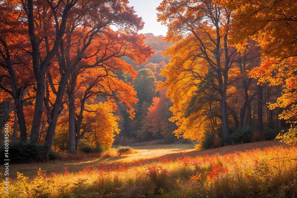 Fototapeta premium Enchanting Autumn Landscape with Vibrant Fall Colors and Dappled Sunlight in a Scenic Forest Setting
