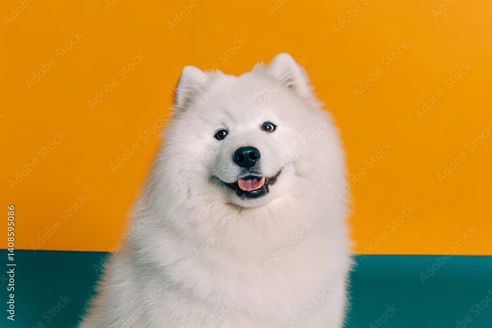 Fototapeta premium Adorable Samoyed Dog Portrait Fluffy White Dog on Vibrant Background